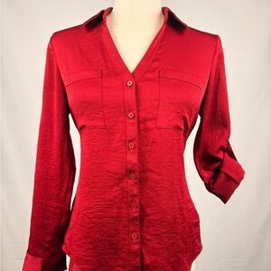 Express Portofino Slim Fit Red Button Up Blouse Petite S
